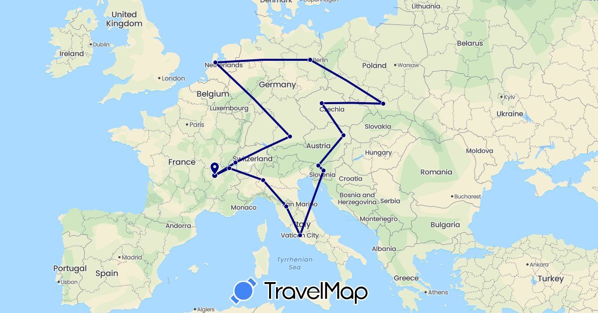 TravelMap itinerary: driving in Austria, Switzerland, Czech Republic, Germany, France, Italy, Netherlands, Poland, Slovenia (Europe)